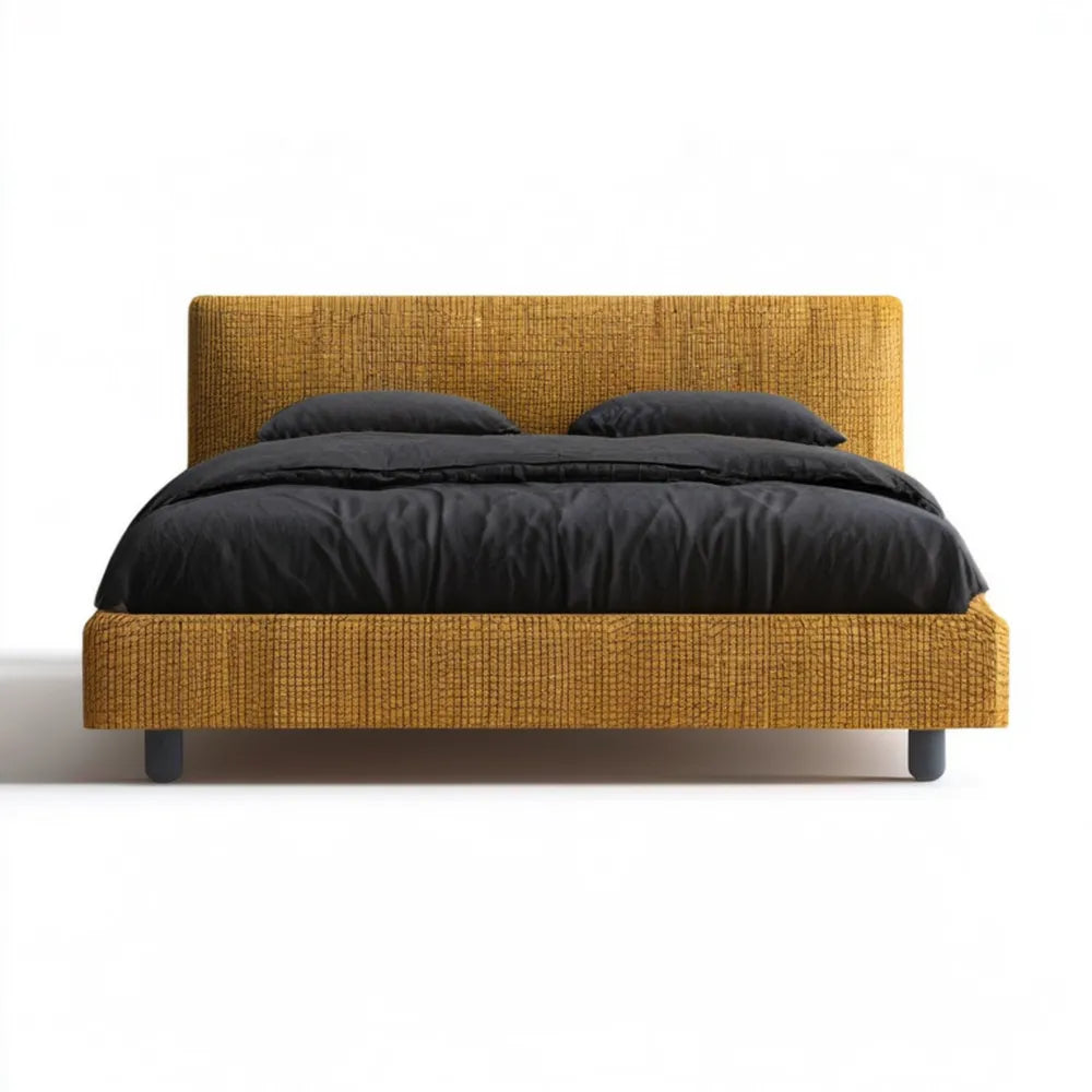 Łóżko tapicerowane musztardowo-czarne z zagłówkiem, 160 x 200 cm