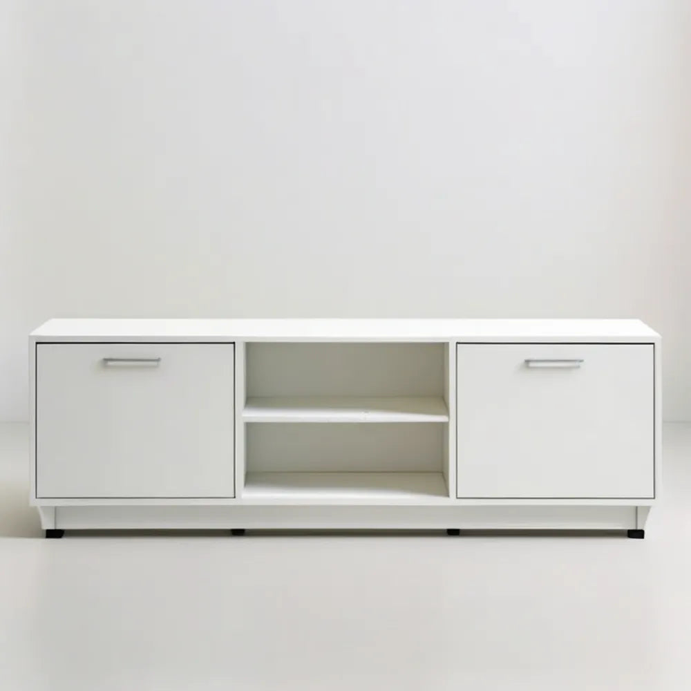 Biała szafka RTV 140 x 40 x 50 cm z 2 drzwiczkami i 2 otwartymi półkami