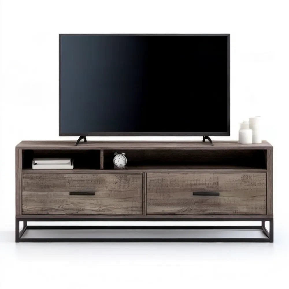 Szafka RTV 160 x 40 x 55 cm z MDF w dekorze szarego dębu i czarnej stali