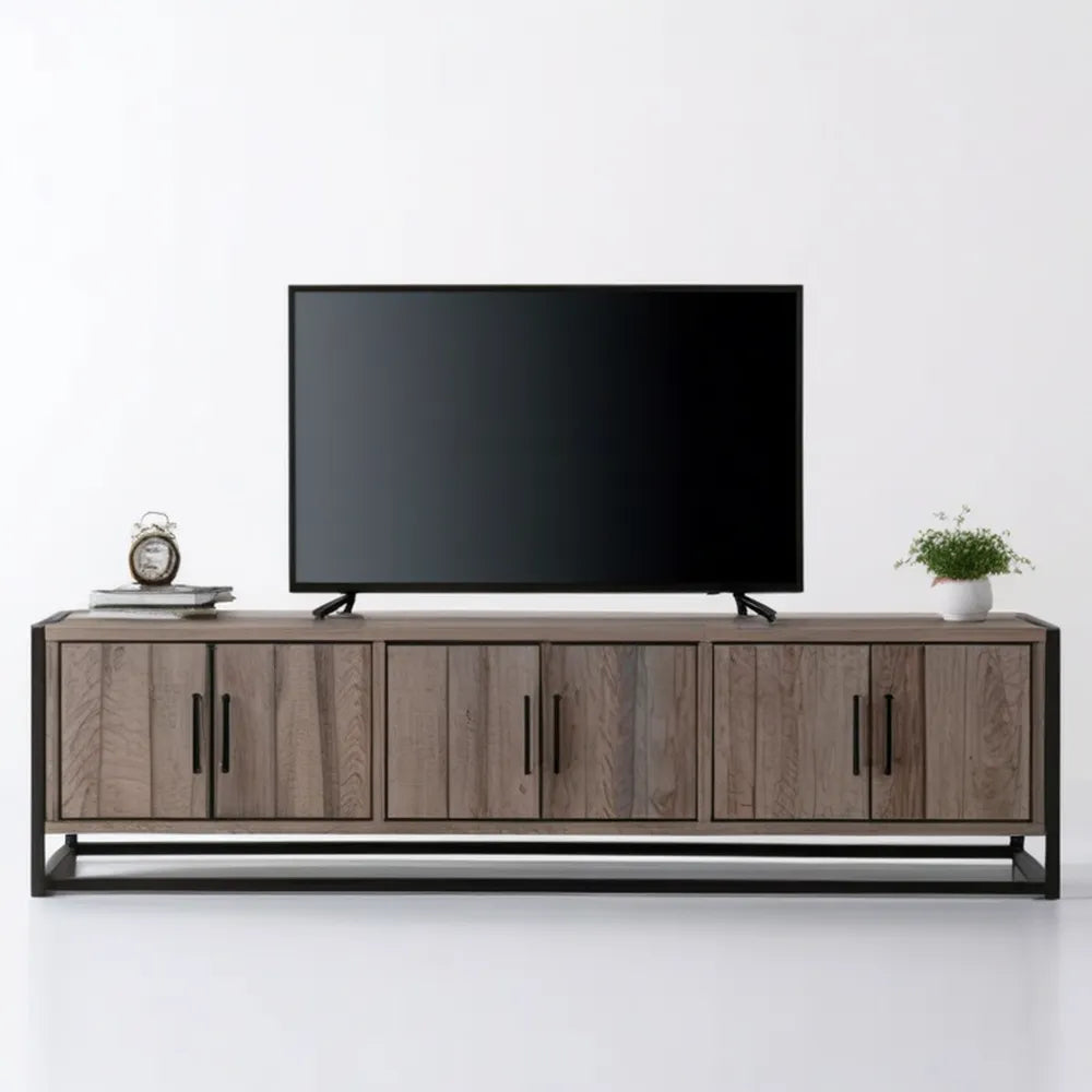 Komoda pod telewizor z MDF w dekorze ciemnego dębu na czarnym stalowym stelażu, 180 × 40 × 60 cm