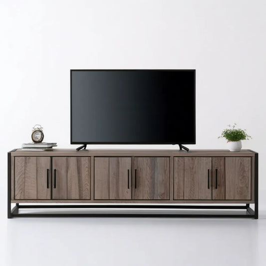 Komoda pod telewizor z MDF w dekorze ciemnego dębu na czarnym stalowym stelażu, 180 × 40 × 60 cm