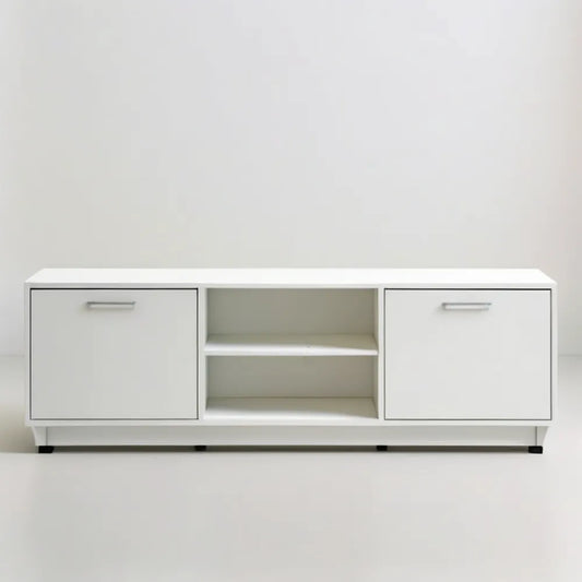 Biała szafka RTV 140 x 40 x 50 cm z 2 drzwiczkami i 2 otwartymi półkami