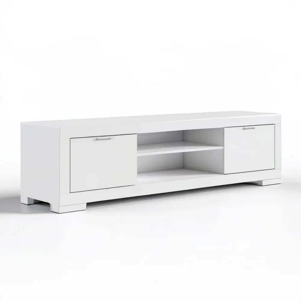 Biała szafka RTV z płyty MDF 160 x 40 x 50 cm z 2 zamykanymi schowkami i 2 otwartymi półkami
