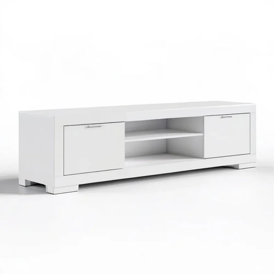 Biała szafka RTV z płyty MDF 160 x 40 x 50 cm z 2 zamykanymi schowkami i 2 otwartymi półkami