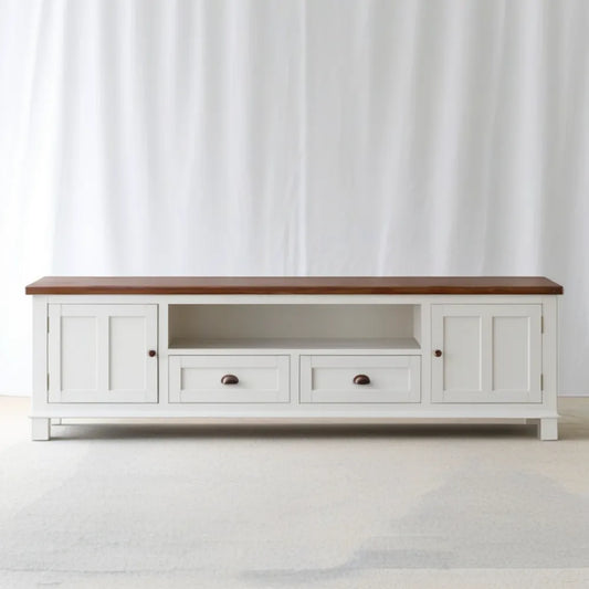 Biało-brązowa szafka RTV z MDF i drewna kauczukowego 180 x 40 x 60 cm