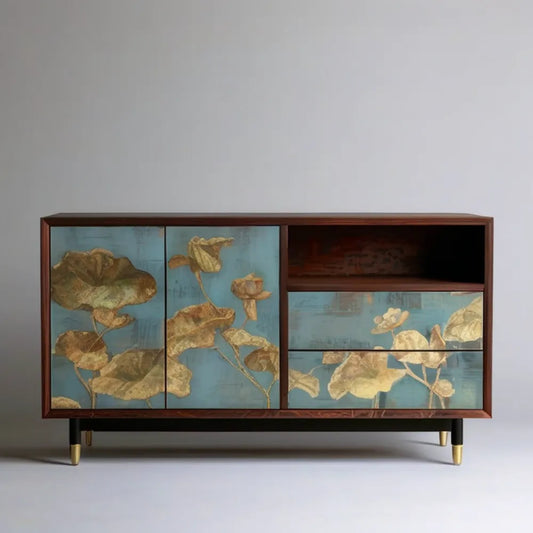 Szafka RTV z MDF w okleinie orzechowej, niebiesko-złota, 160 x 40 x 80 cm